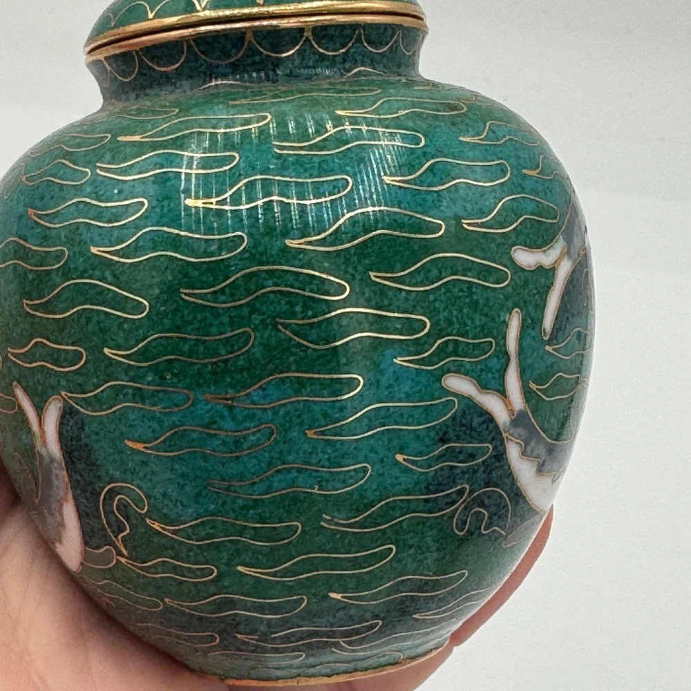 Vintage Cloisonne Ginger Jar Green Dolphin Enamel Lidded Urn Nautical Decor 3.5